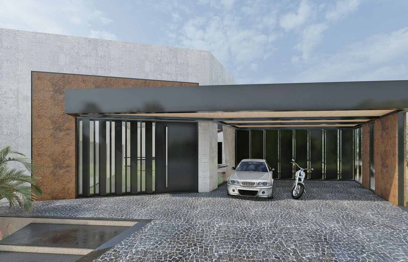 painéis de fechamento da porta da casa e dos fundos da garagem