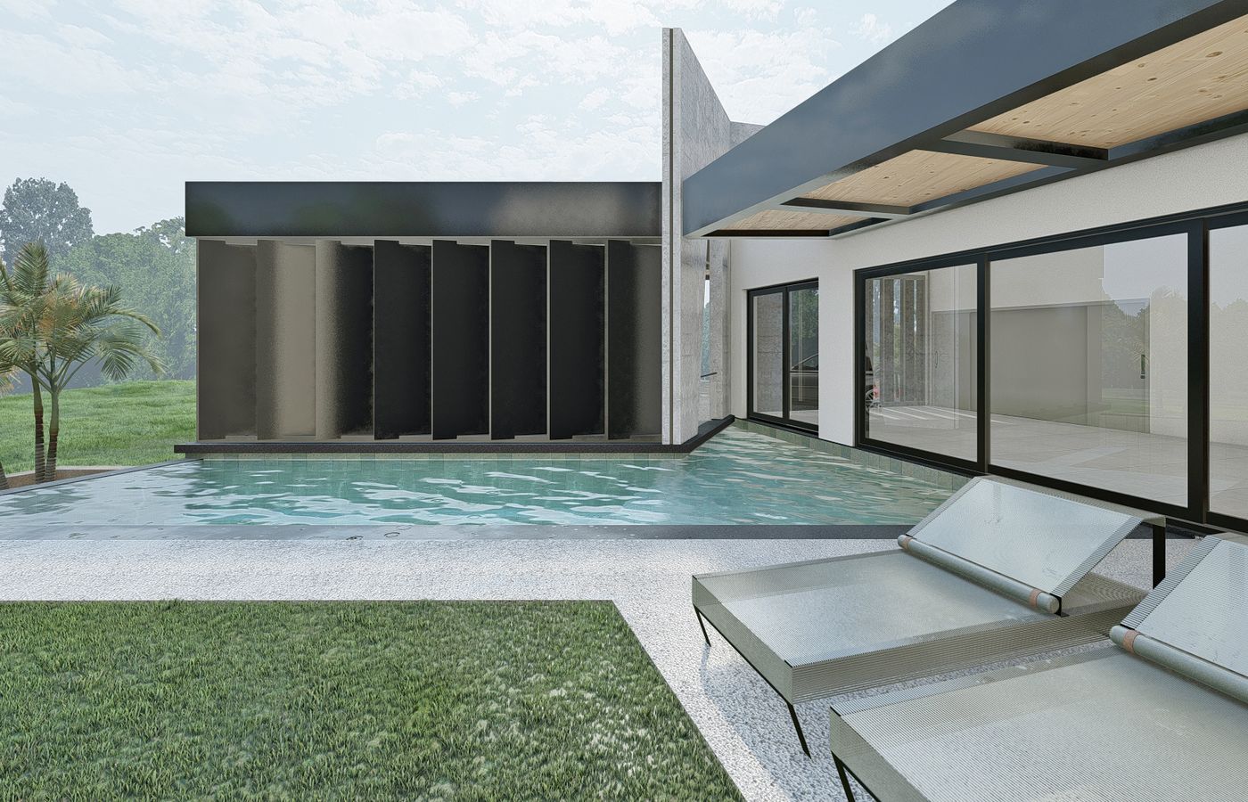 a piscina e o fechamento da garagem
