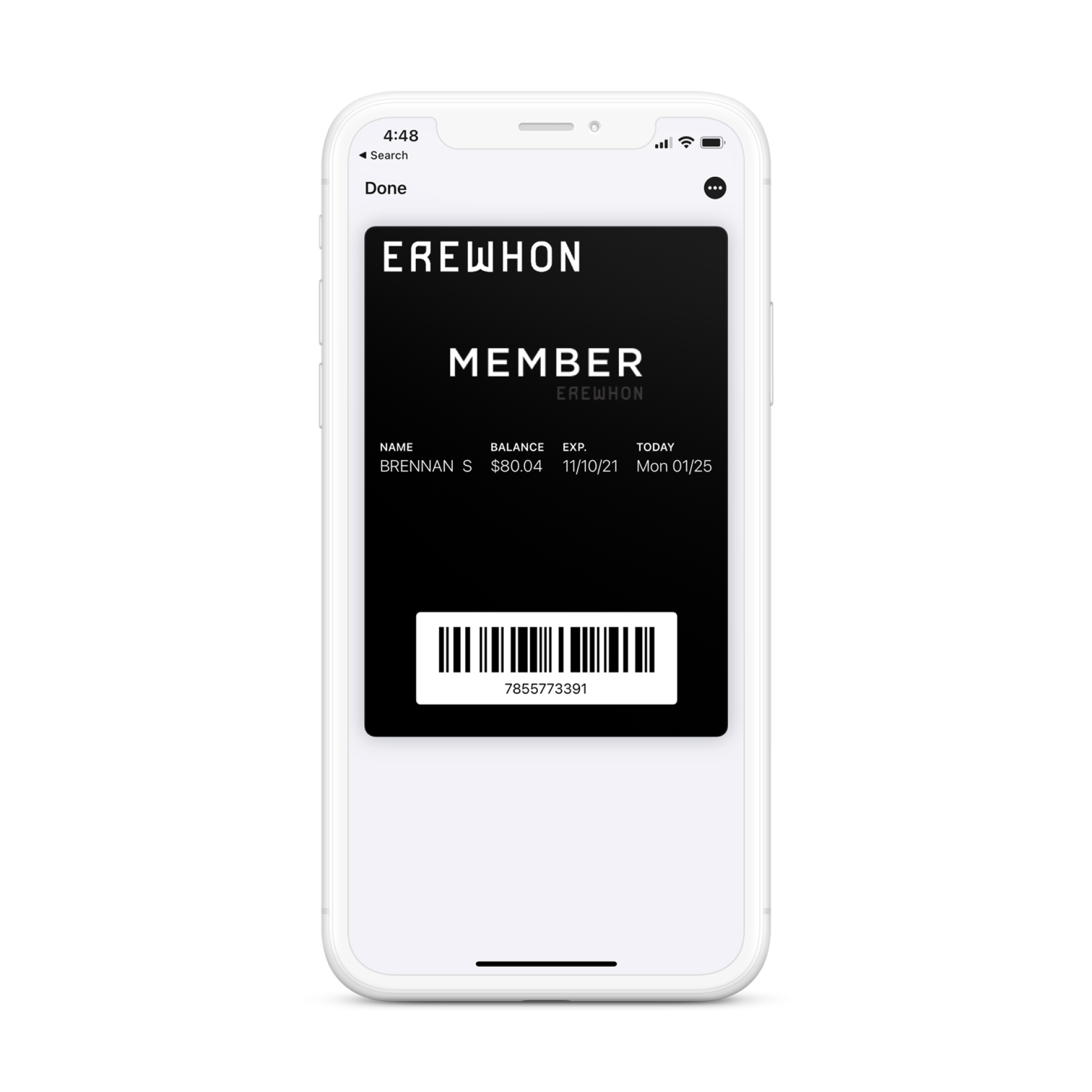 Mobile phone mock up with Erewhon member card