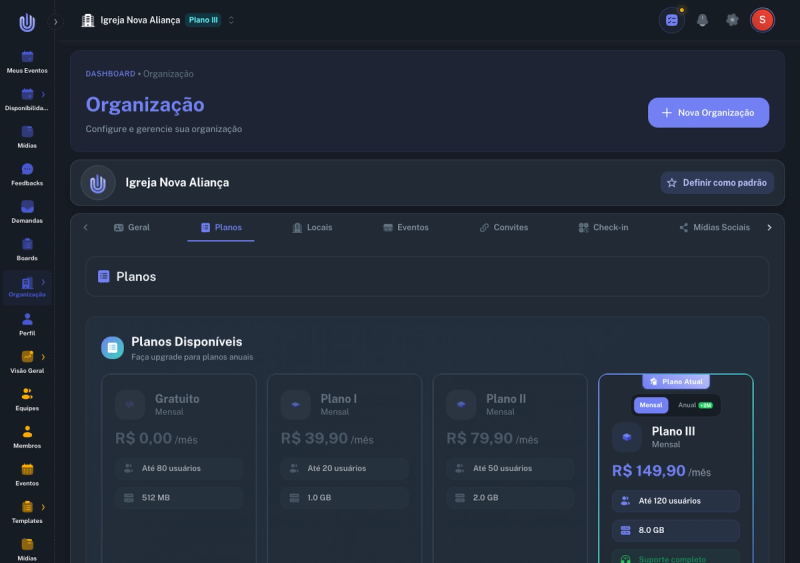 Aba de planos com Plano III marcado como Plano Atual
