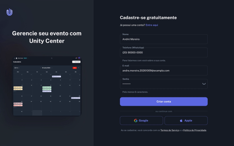 Cadastro preenchido com dados de exemplo