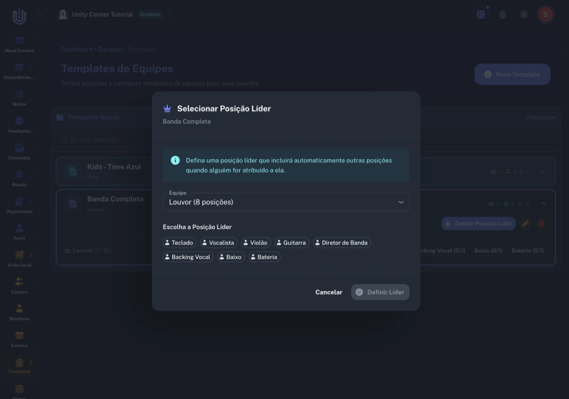 Dialog Selecionar Posição Líder com chips de posições