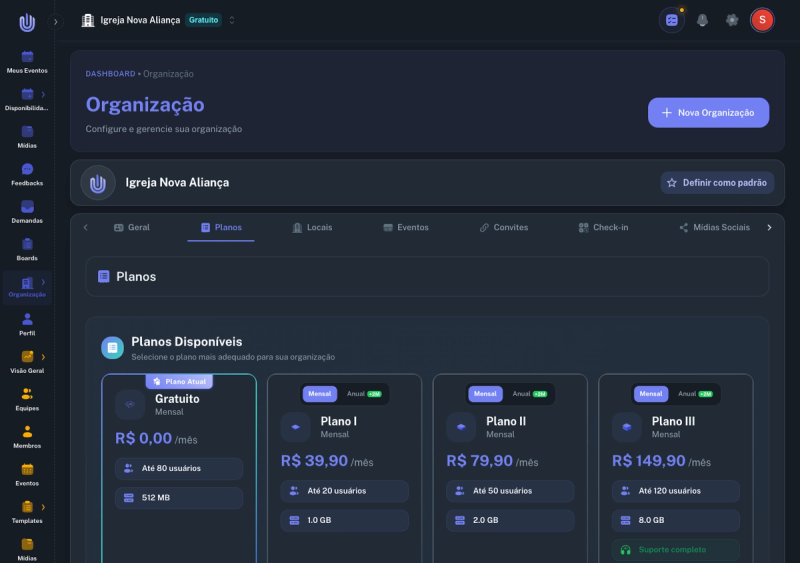 Aba de planos com Gratuito marcado como Plano Atual