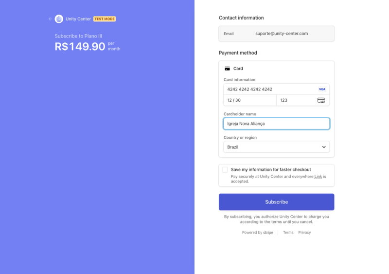 Página de pagamento do Stripe para o upgrade de plano