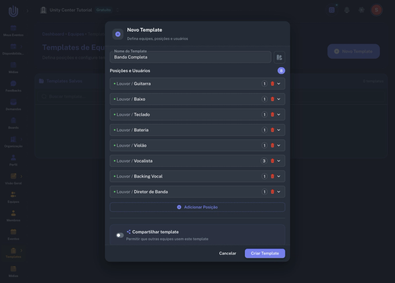 Template Banda Completa com 8 posições colapsadas