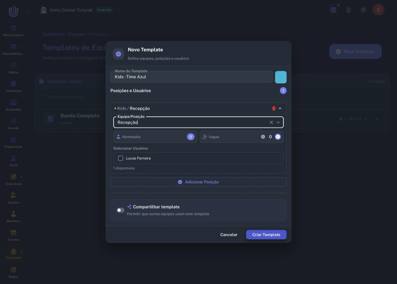 Template Kids com posição Recepção e checkbox de membro