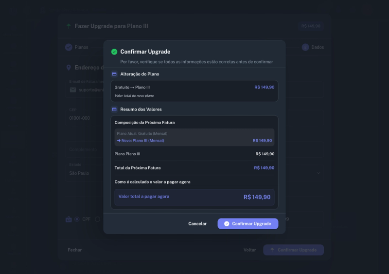 Diálogo de confirmação do upgrade com resumo de valores