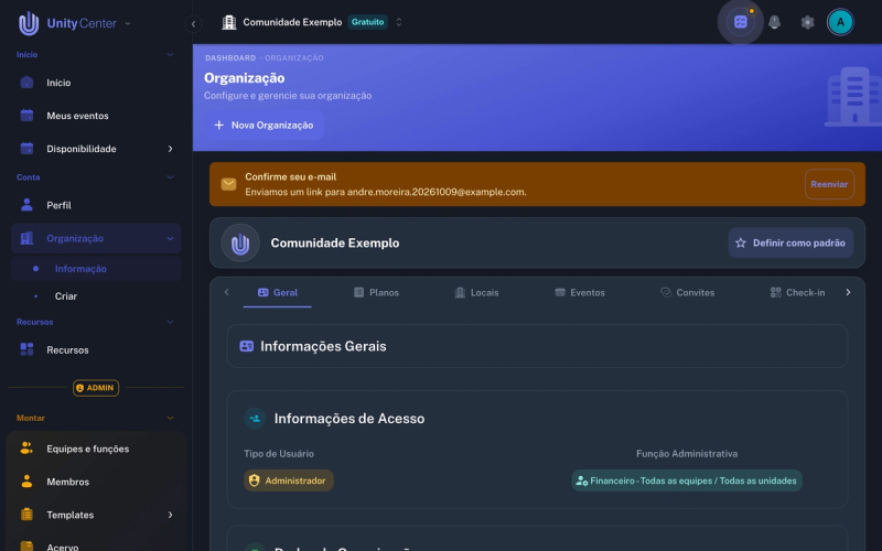 Página da organização criada