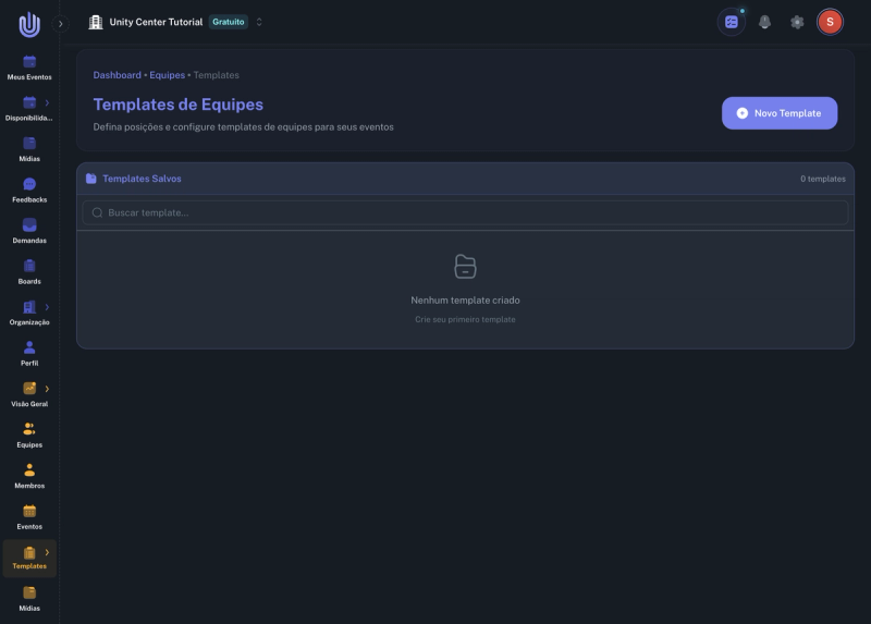Página de templates de equipes - estado vazio