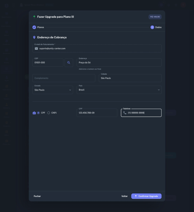 Dados de faturamento preenchidos para o upgrade