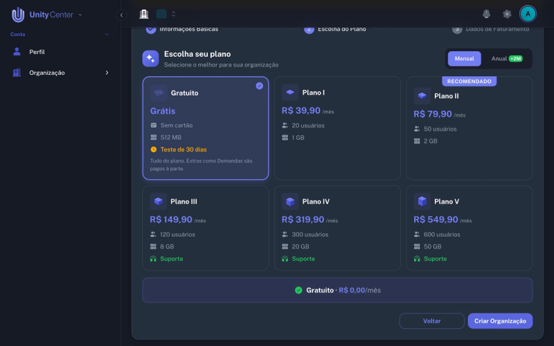 Escolha do plano, com o Gratuito marcado e o teste de 30 dias