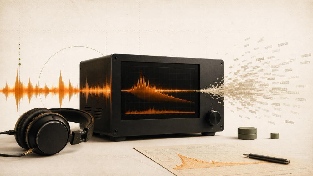 Audio analysis hardware and headphones separating a measured signal from synthetic content noise