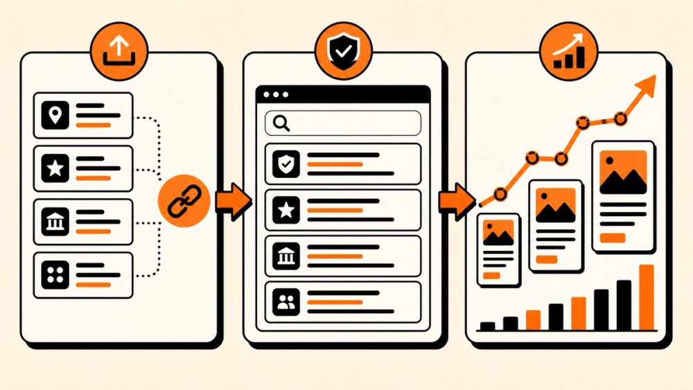 Three stages of a 90-day launch directory SEO plan: listings, branded search visibility, and compounding content Three stages of a 90-day launch directory SEO plan: listings, branded search visibility, and compounding content