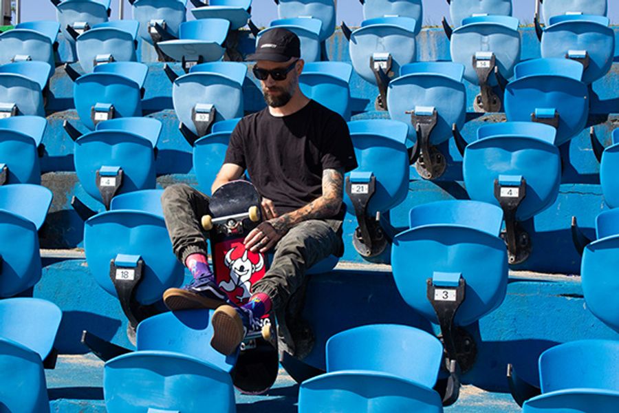 Robin des bas x MEKA x Romeo's Gin sock collab, shot at the Olympic Stadium, 2020