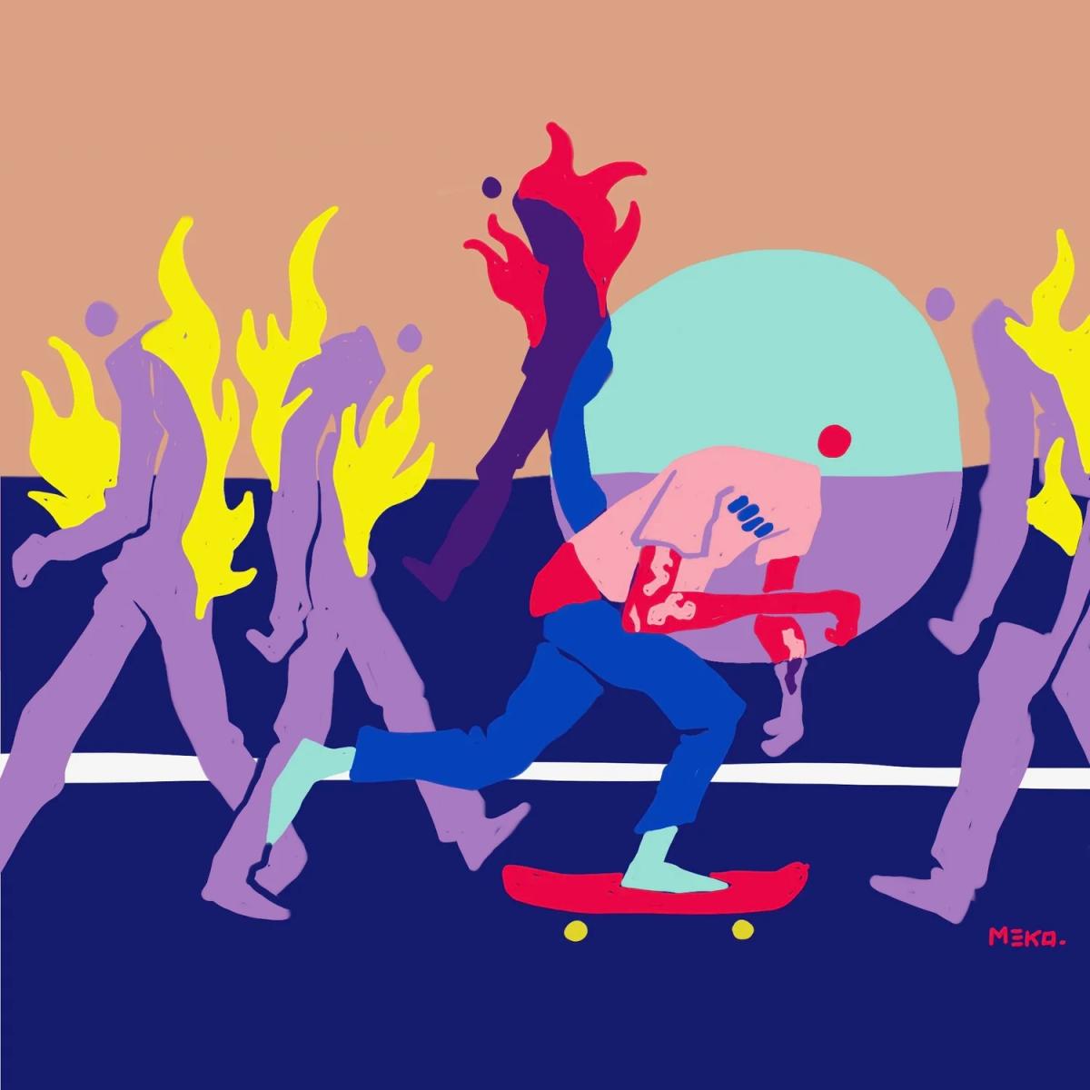 Keep Pushing — l'artwork original du monde Romeo's Gin : skater qui pousse a travers les flammes