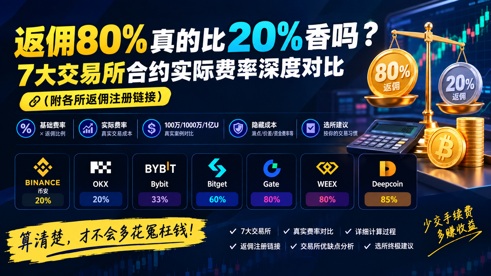 返佣80%真的比20%香吗?7大交易所合约实际费率深度对比(附各所省钱链接)