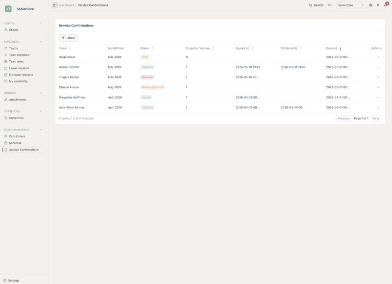 Senior Care Operations scheduling screen