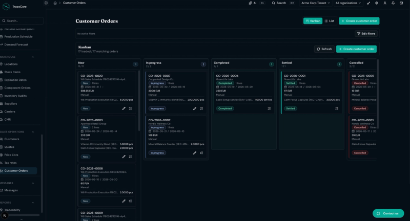 TraceCore customer orders module with kanban board