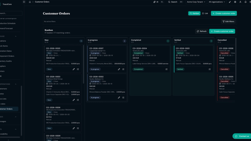 TraceCore customer orders module with kanban board