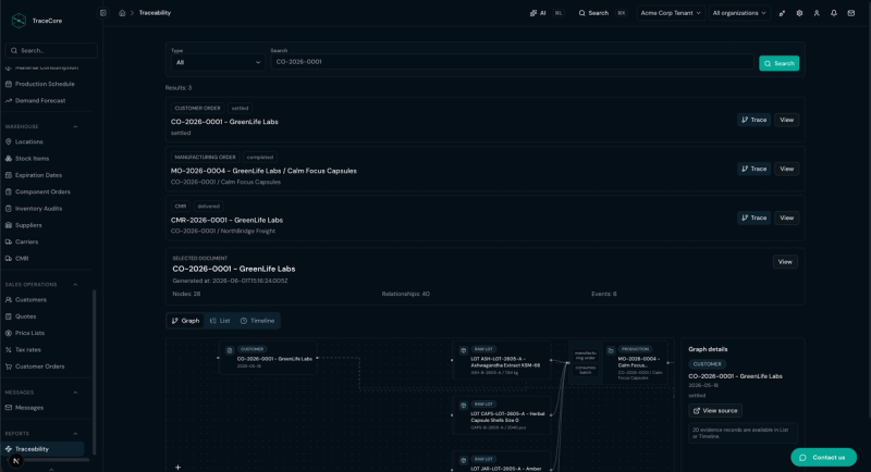 TraceCore traceability module tracking every production step