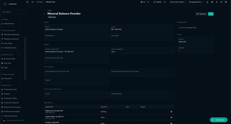 TraceCore recipe module view