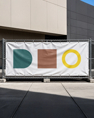 Een witte werfbanner aan een heras. Hierop staan 3 simpele symbolen. Het eerste is een vierkant waar de rechterkant afgrond is in een donkergroen kleur, Daarnaast in het midden een bruine vierkant en als laatste een cirkel waar enkel de stoke getoond wordt in het geel.