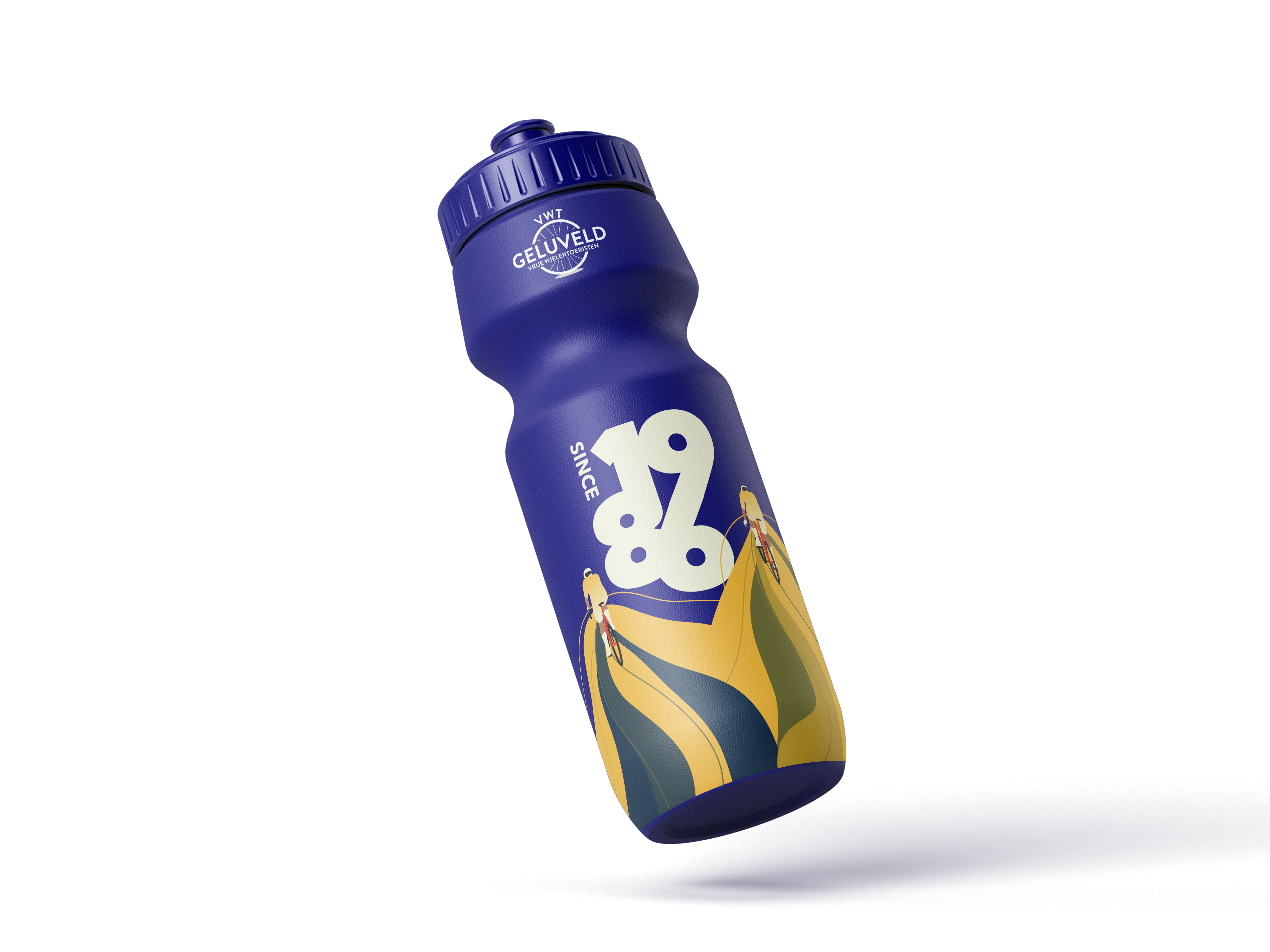 een zwevende donkerblauwe bidon in twee segmenten, het bovenste deel is kleiner dan het onderste deel daarop staat het logo van vwt-geluveld. Op het onderste deel staat het grafische element (2 fietsers met geel-groen golvende effect die van onder hen tevoorschijn komt) boven het element staat since 1986.