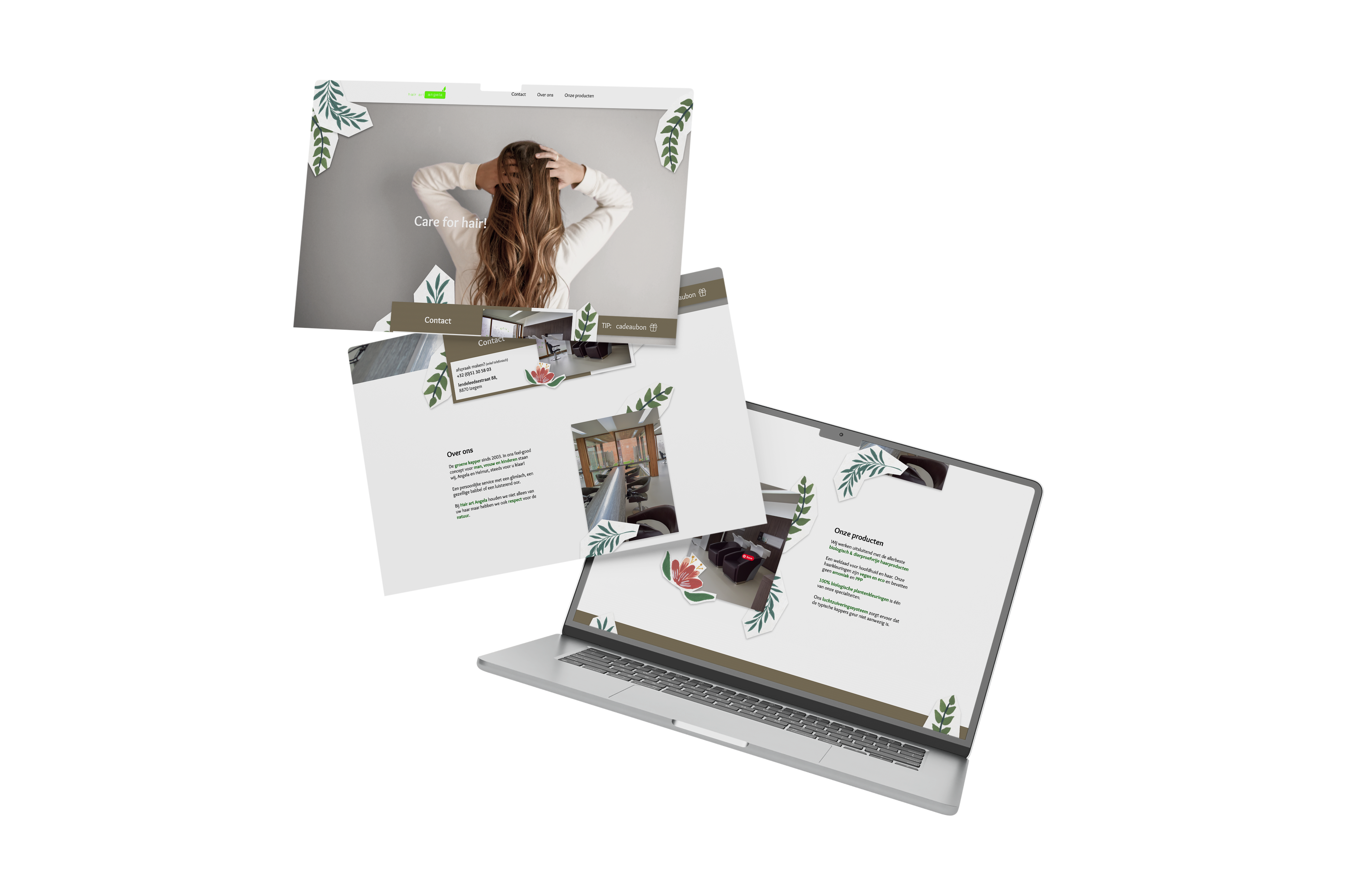 Mockup van de website, 3 schermen boven elkaar met daar in de website.