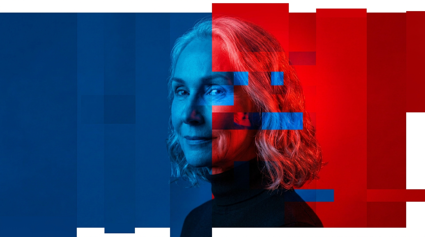 woman's profile on blue and red slightly digitized background