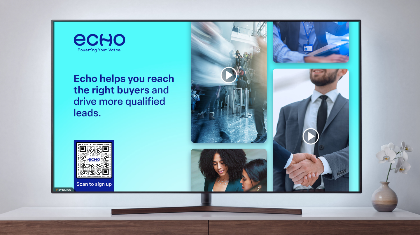 A television displays an Echo business marketing ad with a QR code and images of professional networking and events.