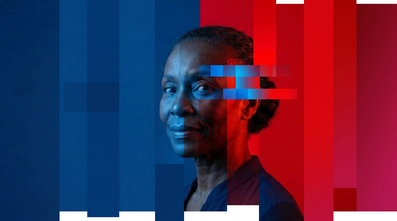 woman's profile on blue and red slightly digitized background