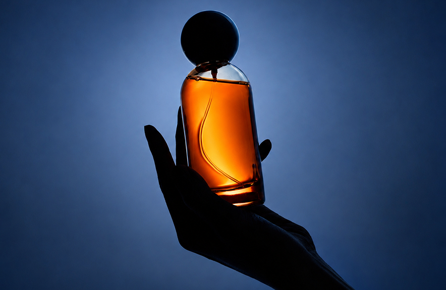Backlit hand holding glowing perfume bottle