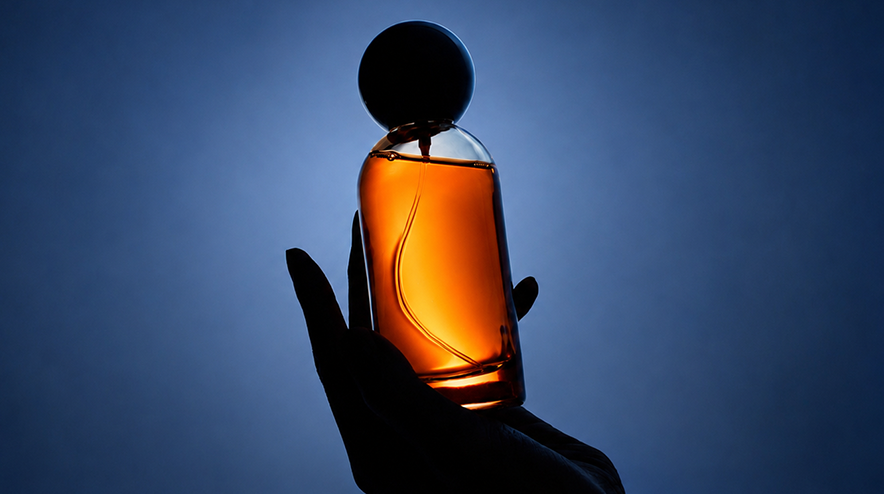 Backlit hand holding glowing perfume bottle