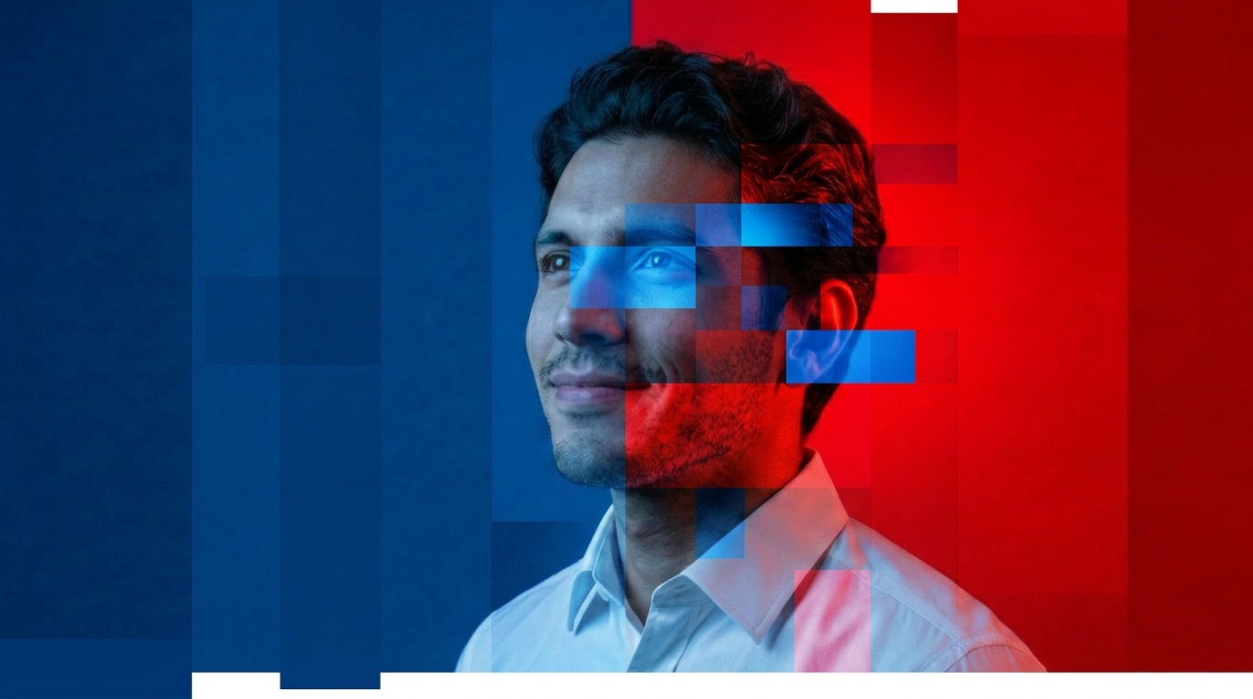 man's profile on blue and red slightly digitized background