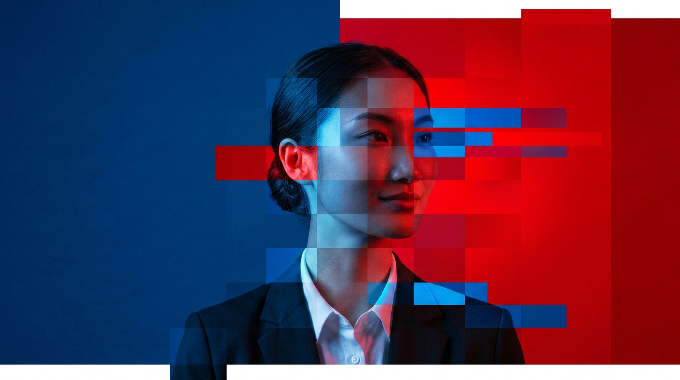 woman's profile on blue and red slightly digitized background