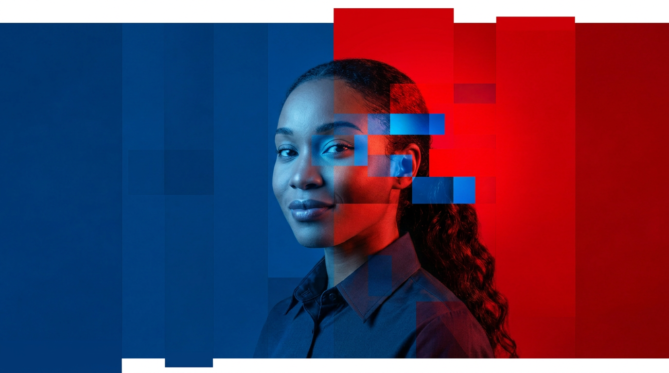 woman's profile on blue and red slightly digitized background