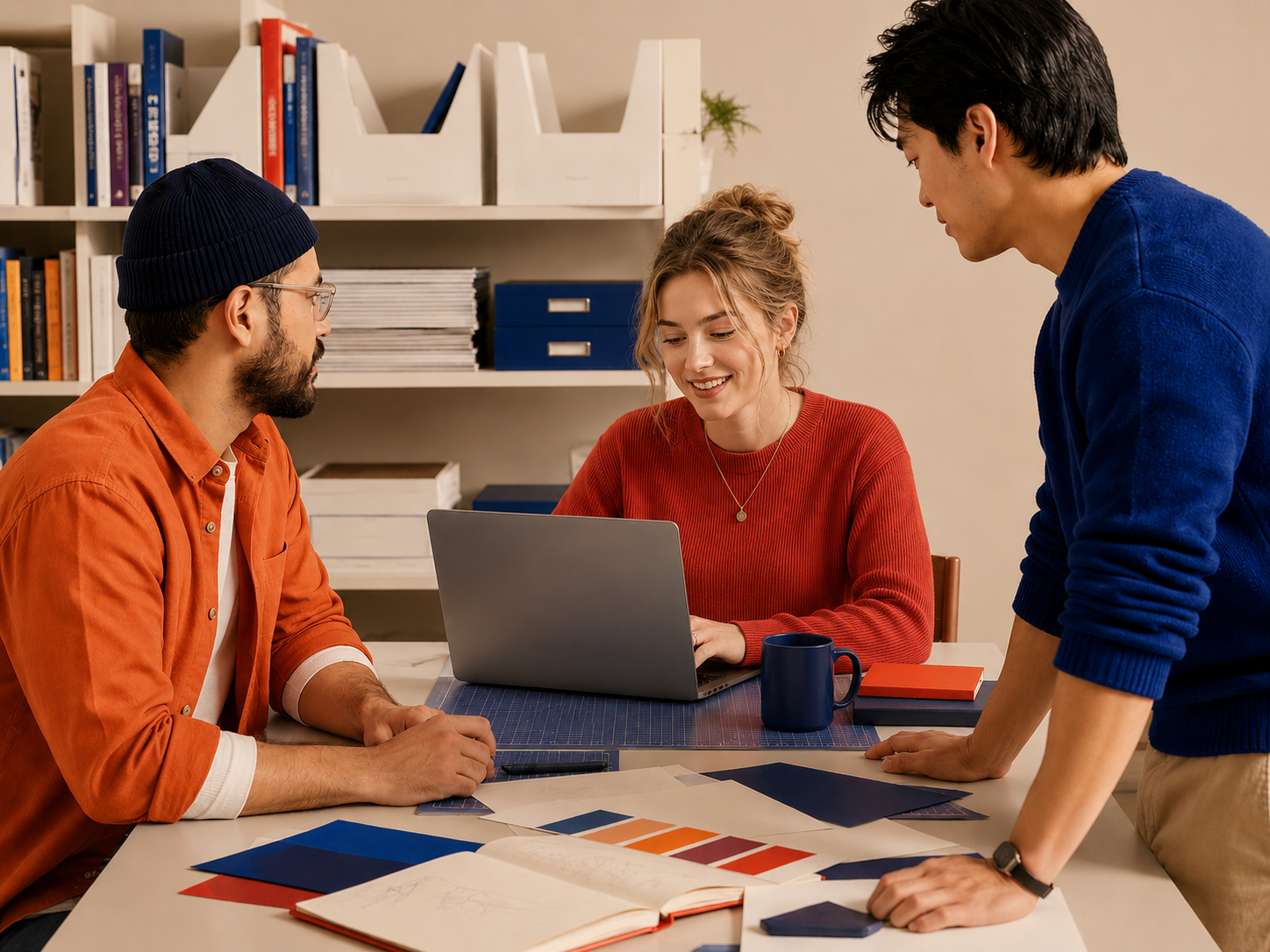 People at a desk, girl is on her laptop with coworkers