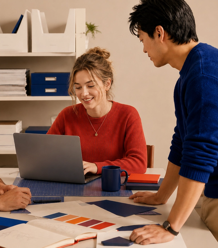 People at a desk, girl is on her laptop with coworkers