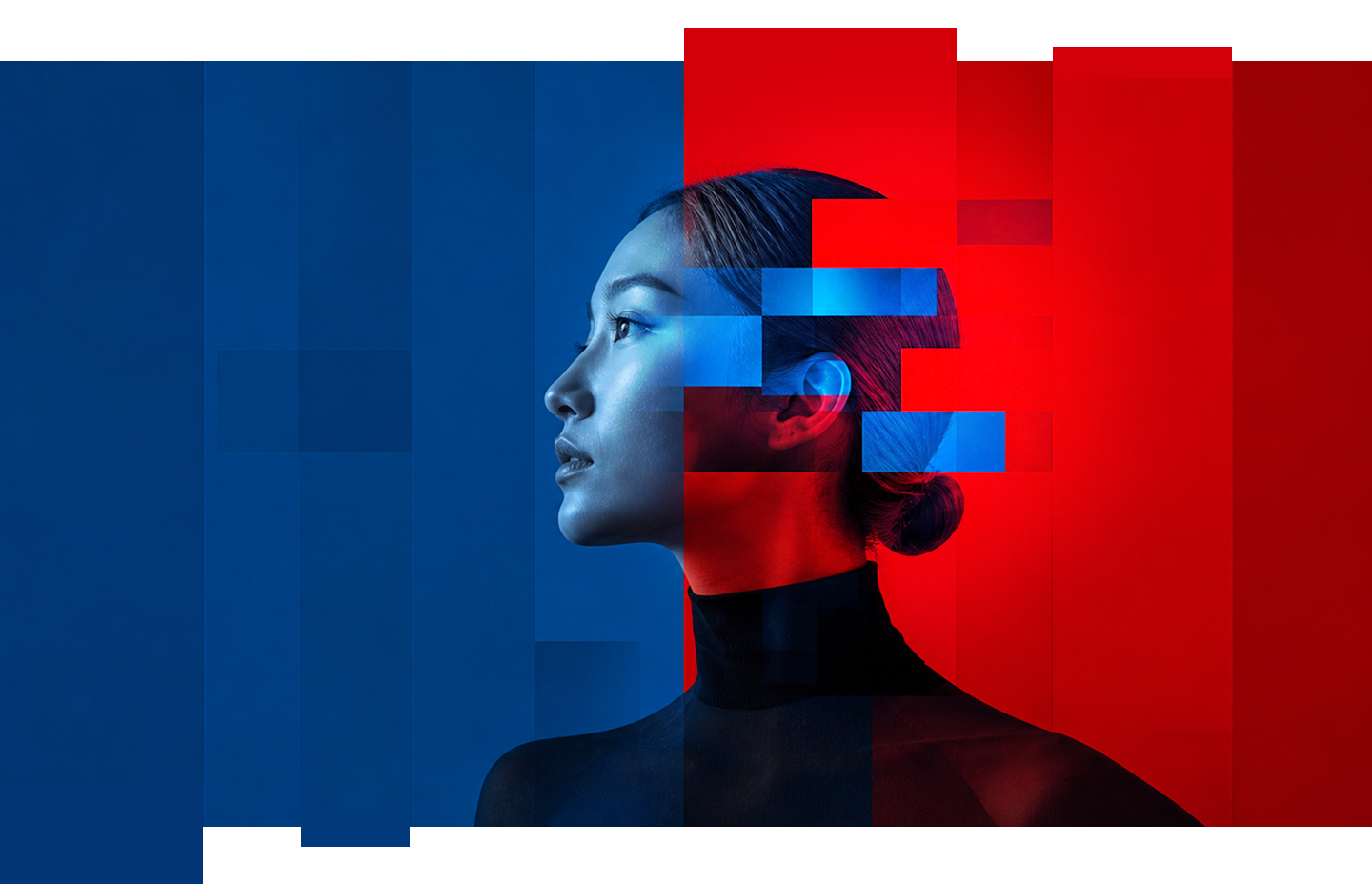 Person standing in front of blue and red background