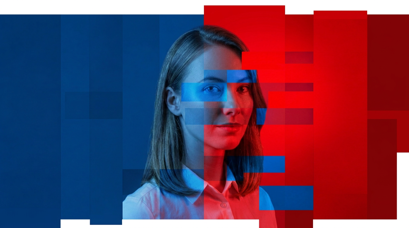 woman's profile on blue and red slightly digitized background