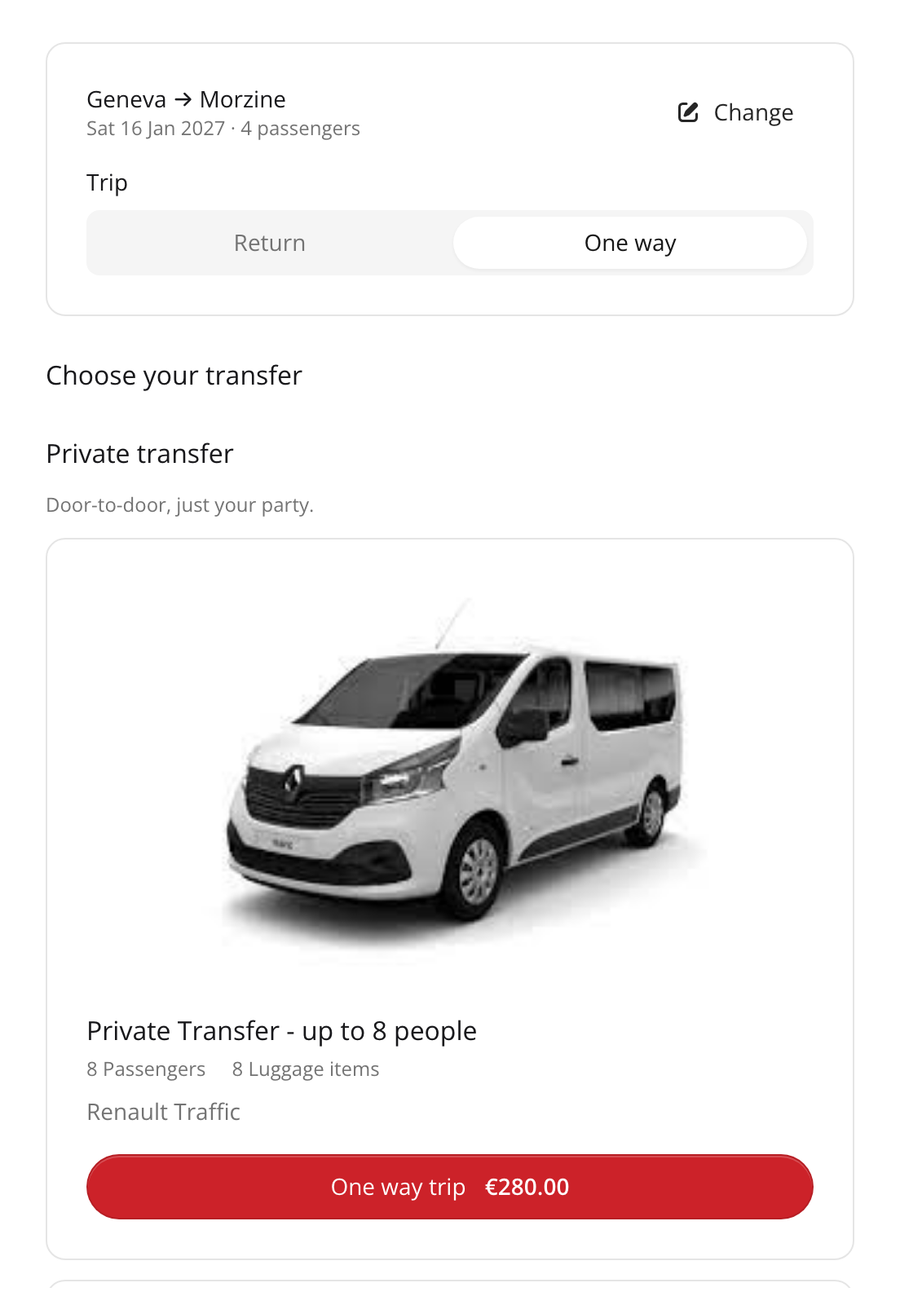The Morzine Transfers booking form showing a Geneva to Morzine transfer in the Renault Trafic at €280