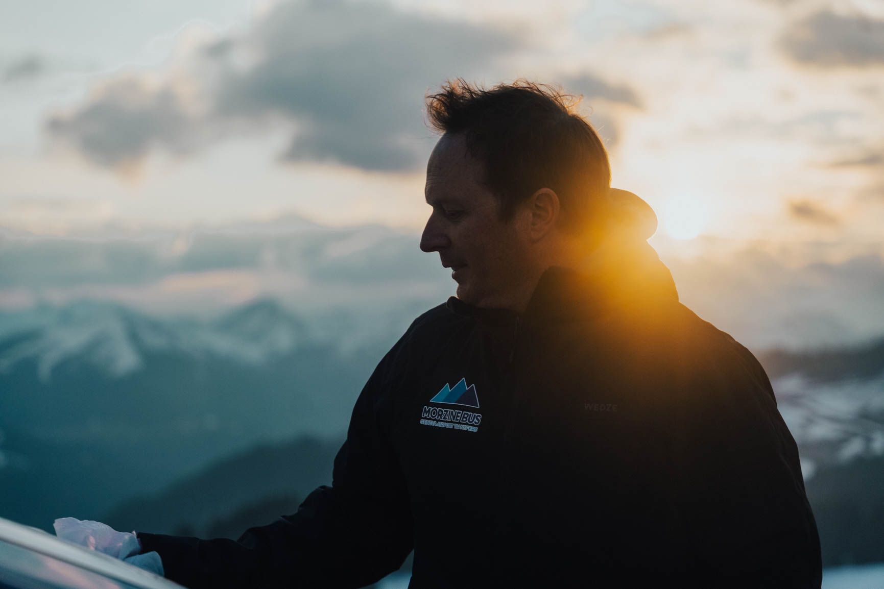 A Morzine Bus driver at sunrise above the valley
