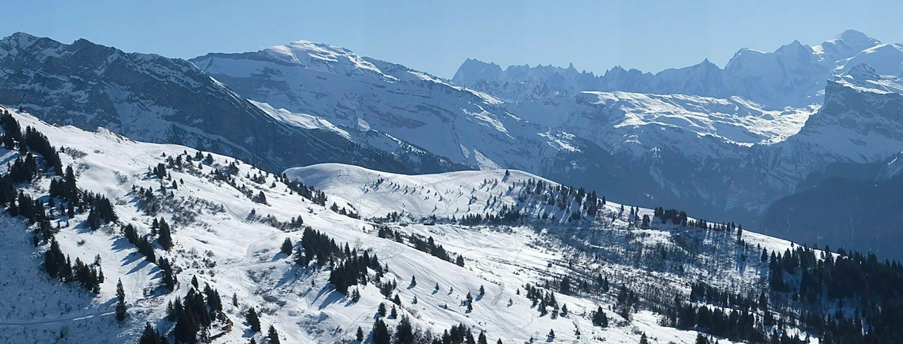 Panorama towards Mont Blanc from Le Ranfoilley above Les Gets