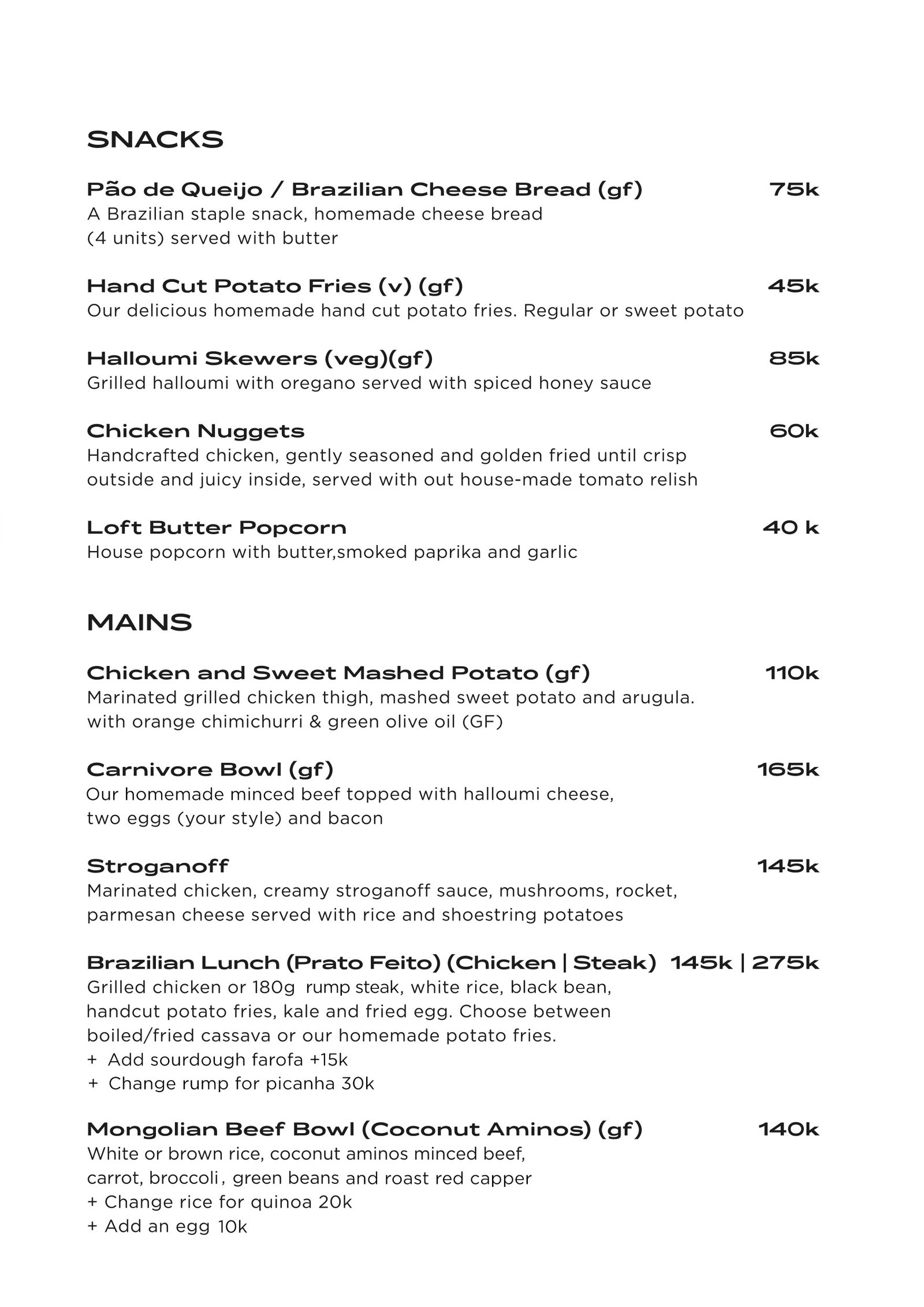 snacks and mains menu