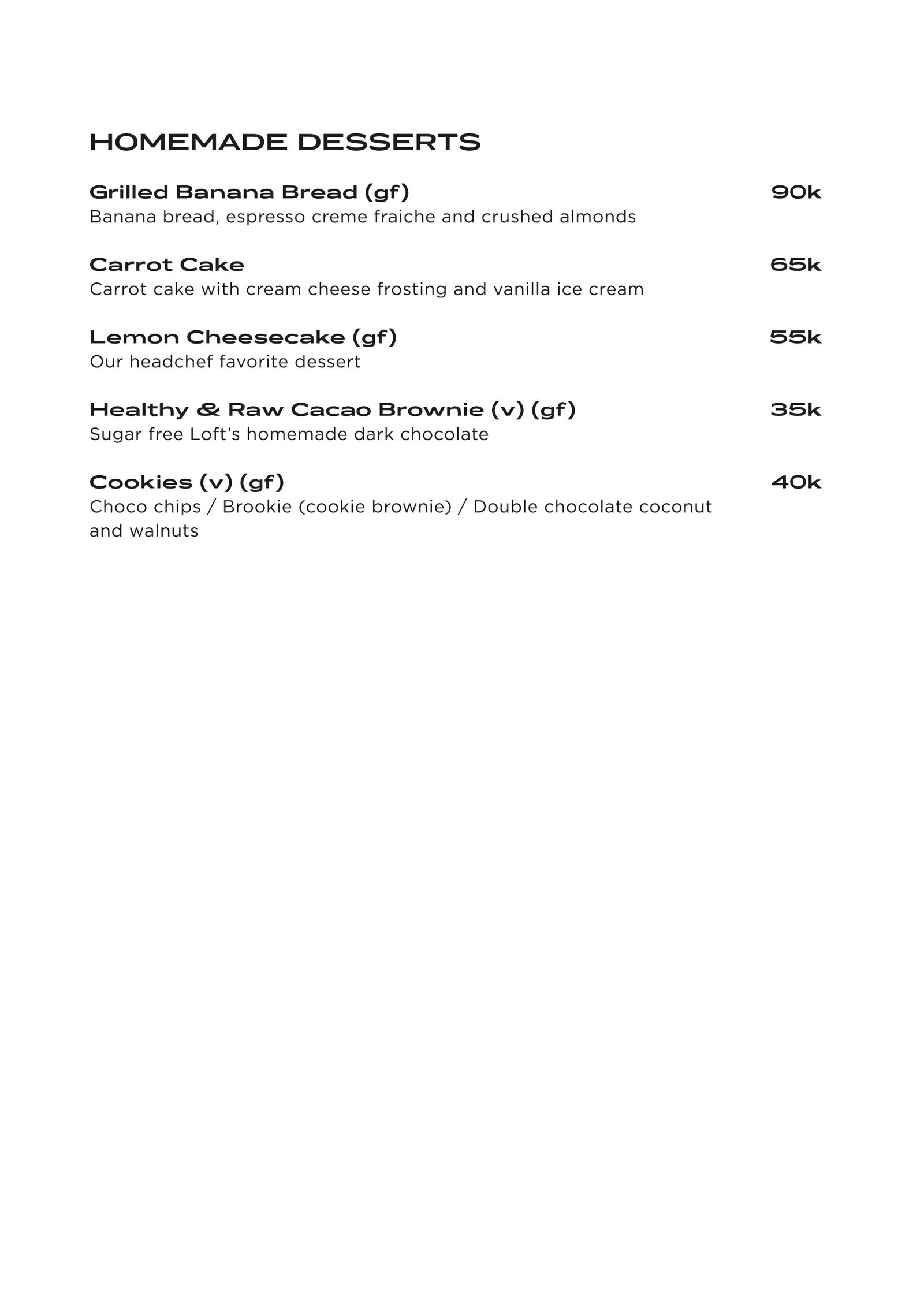 homemade desserts menu