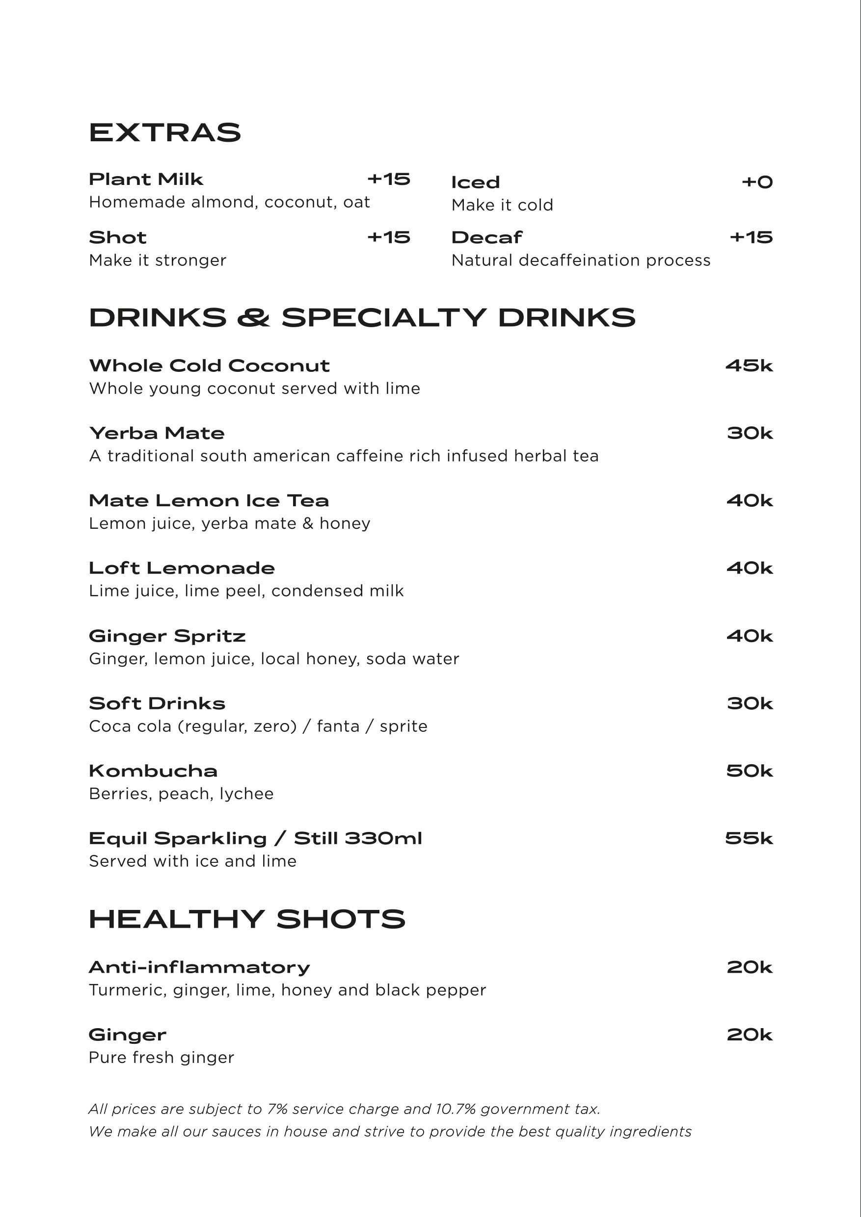 Drinks and specialty drinks menu
