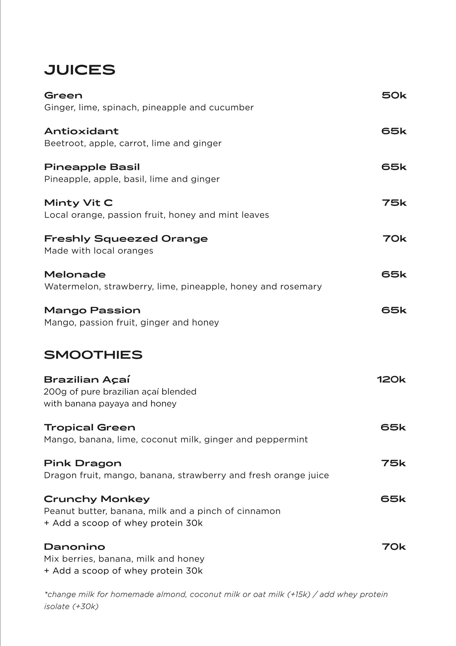 juices and smoothies menu