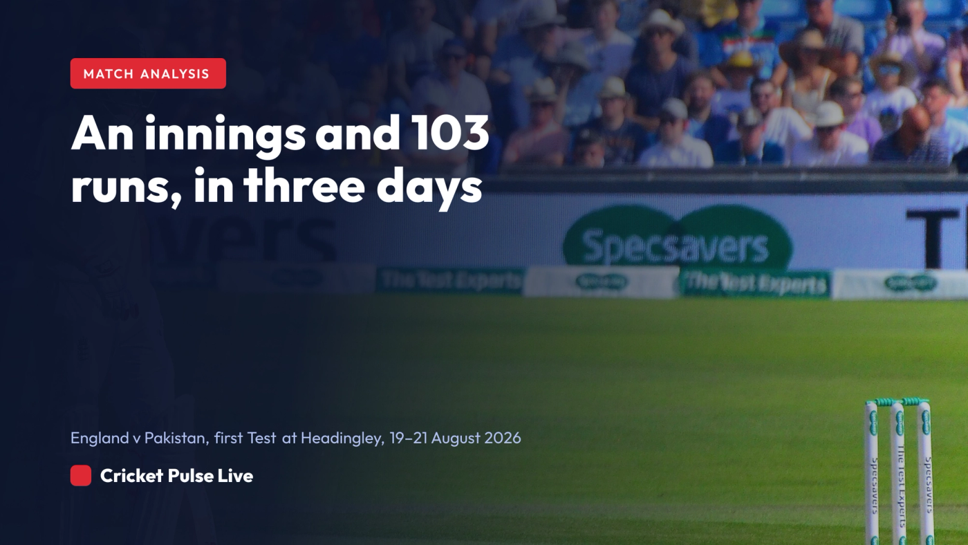 Cricket Pulse Live match analysis card for England v Pakistan, first Test at Headingley, August 2026