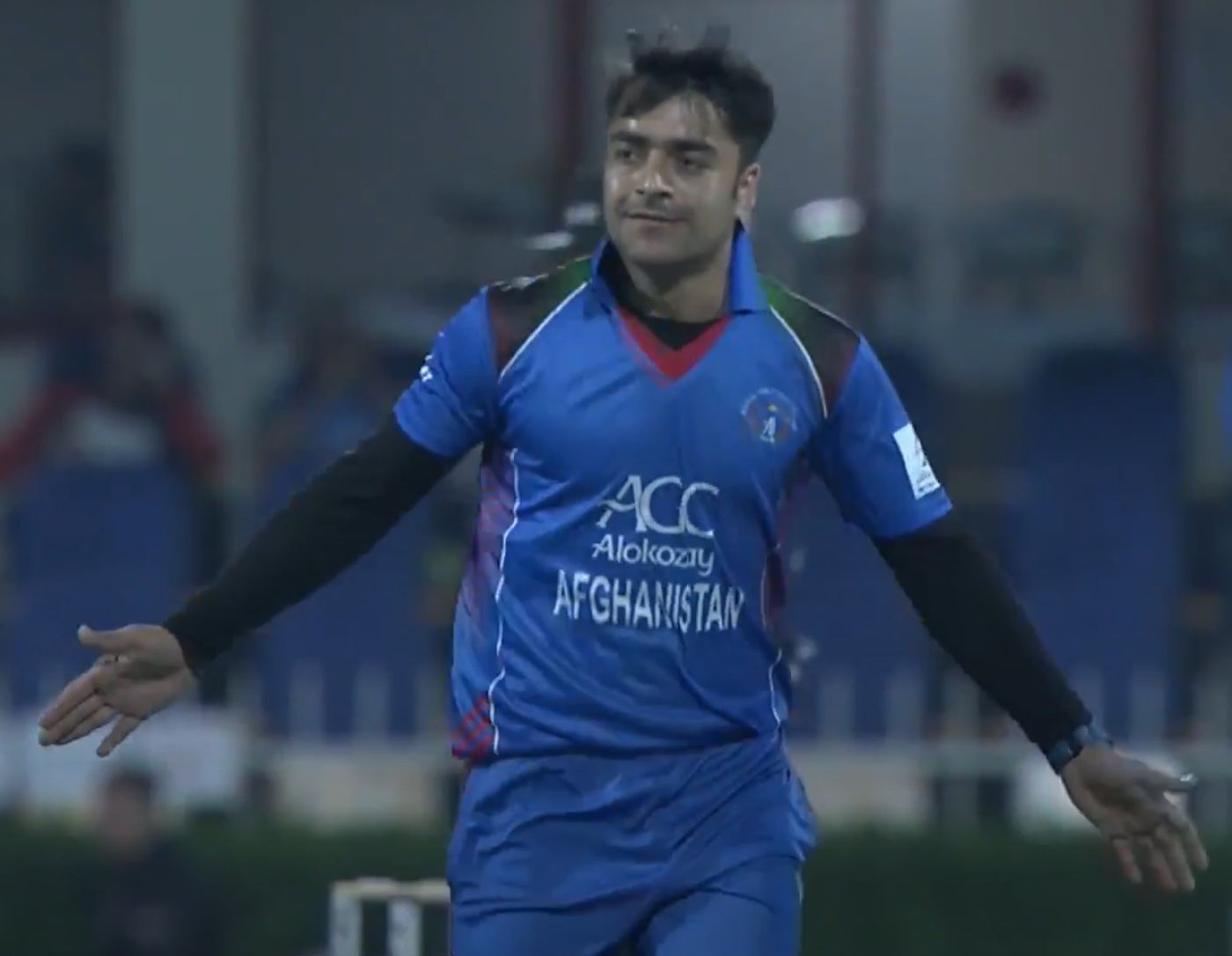 Rashid Khan celebrating a wicket for Afghanistan against Zimbabwe in 2018.