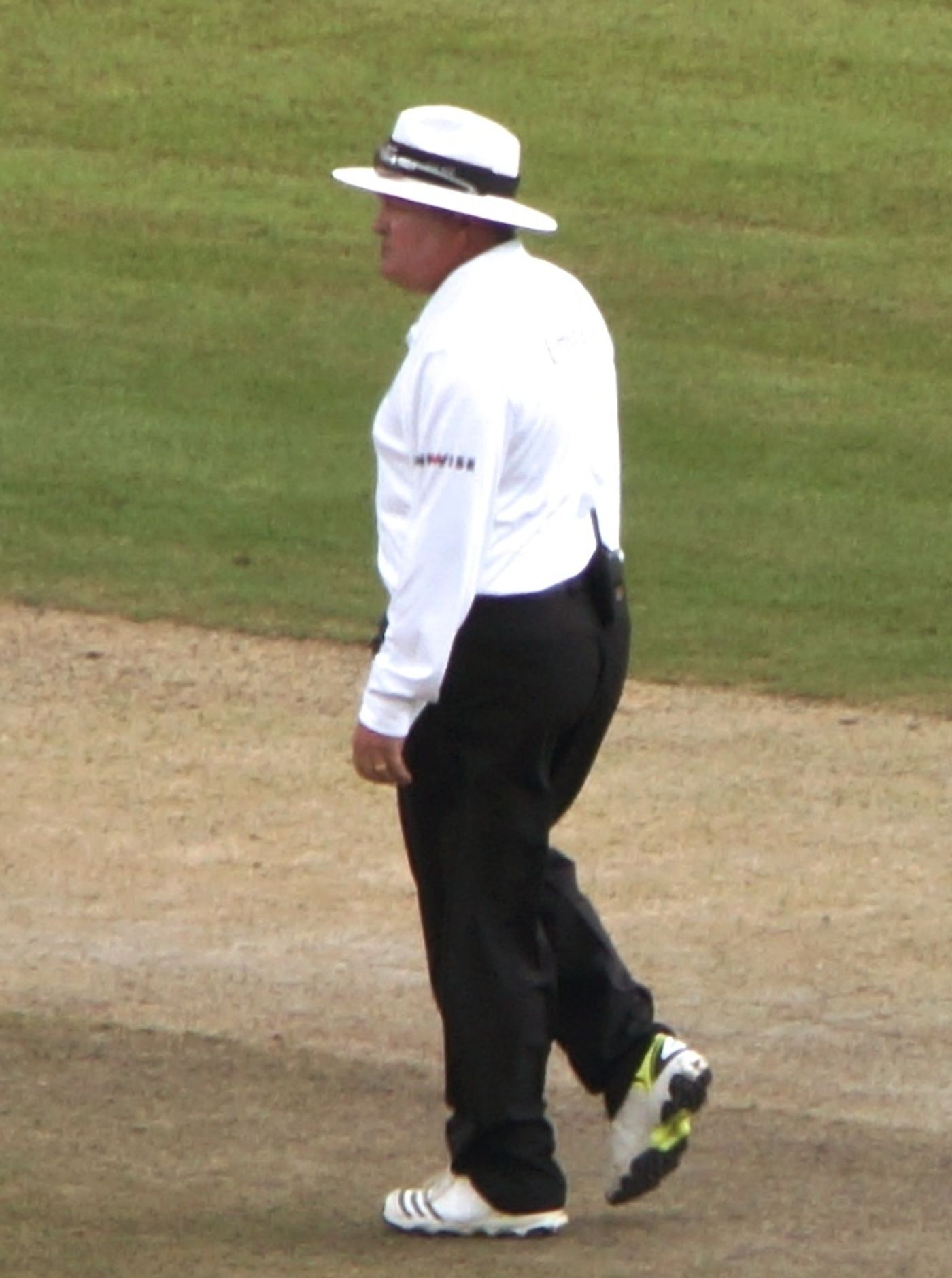 International umpire Marais Erasmus standing on the field during a cricket match.